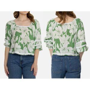 Tahari Women's Green White Floral Linen Square Neck 3/4 Sleeve Blouse Size XL